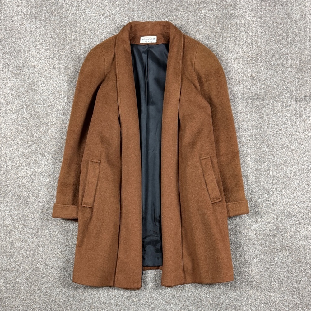 Vintage Ashley Scott Camel Brown Wool Open Front Mid Length Coat Women’s XXL USA